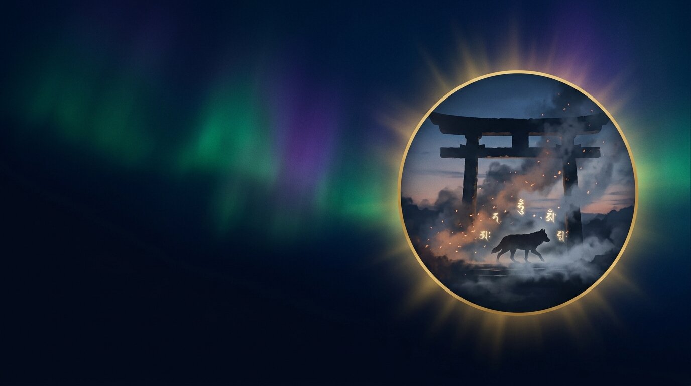 Shamanic Worlds Blog · Schwelle zur schamanischen Praxis · Wolf-Silhouette im Tor mit Siddham-Lichtschrift