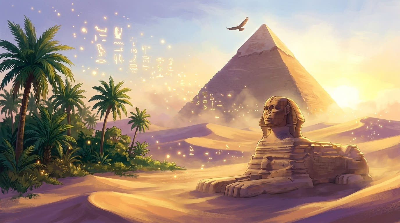 Große Pyramide von Gizeh bei Sonnenaufgang mit Sphinx und Horus-Falke über dem Gipfel