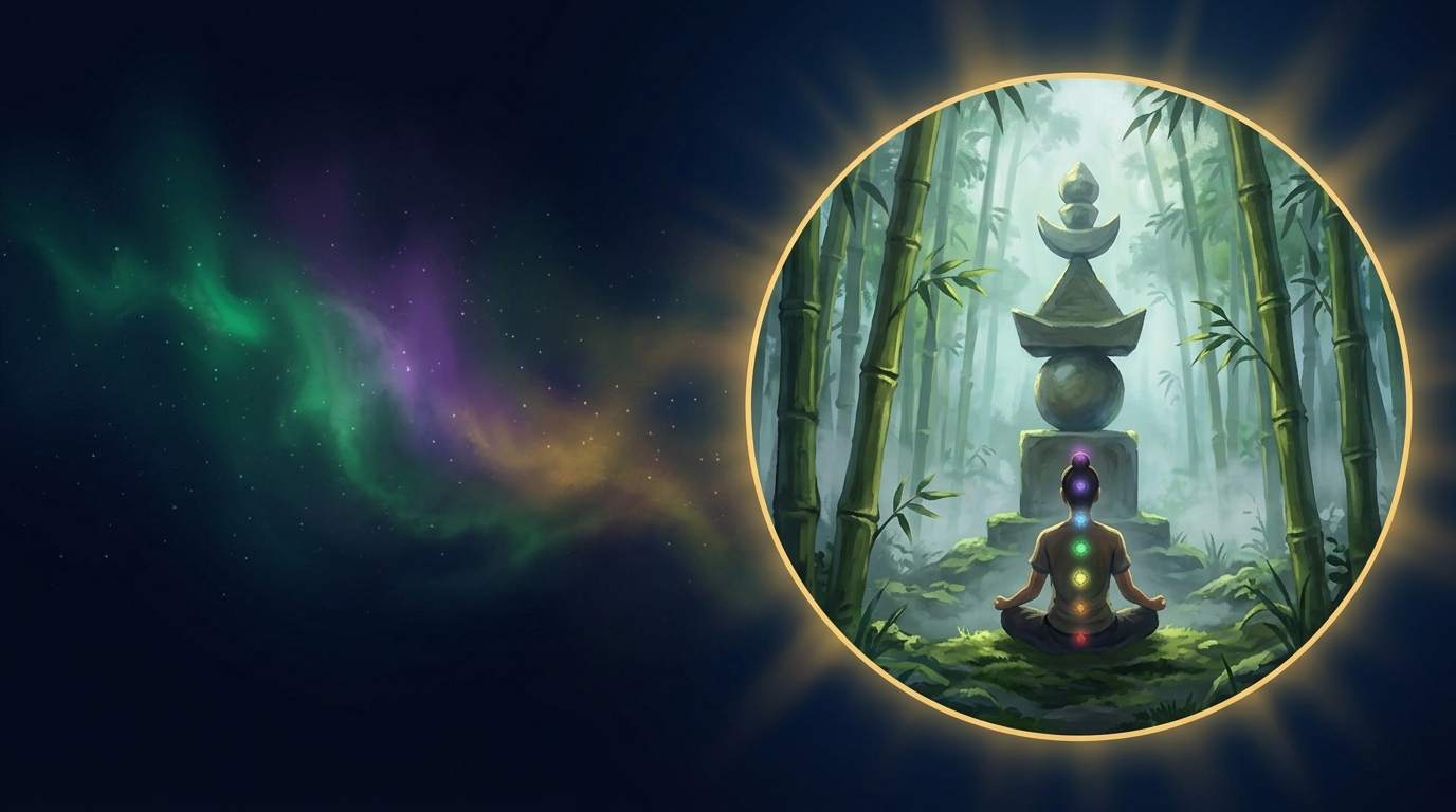 Chakra · Meditation-Figur vor Gorin-Pagode in Bambushain