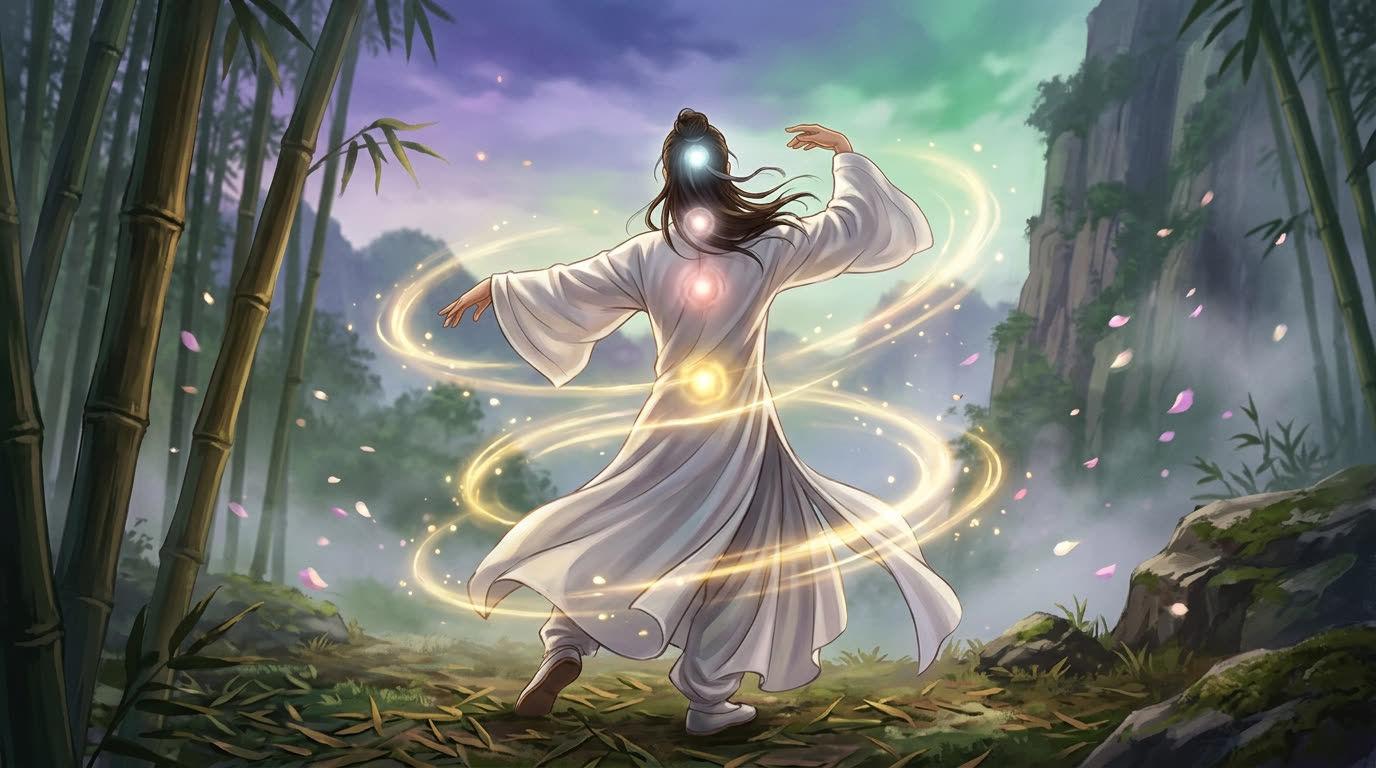 Tai-Chi-Praxis im Bambushain · goldene Qi-Spirale, drei Dantian-Lichtpunkte, Wudang-Atmosphäre