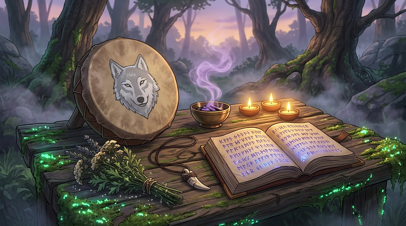 Wolf-Schamanen-Altar bei Dämmerung · Trommel mit Wolfsmotiv, Räucherbowl, Rune-Buch, Wolfszahn-Amulett, Kerzen, Kräuter