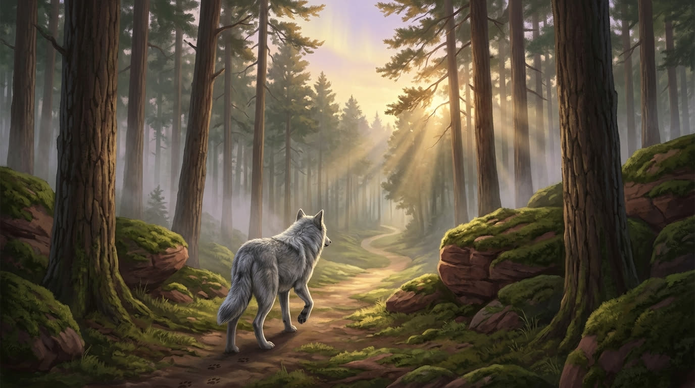 Silbergrauer Wolf auf moosbedecktem Pfad zwischen Pfälzer Sandsteinfelsen · der Weg geht weiter ins Licht
