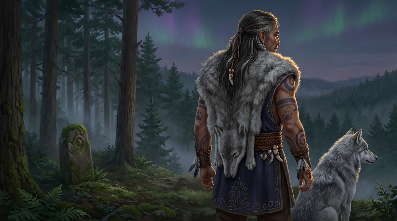 Wolfs-Schamane mit Wolfsbegleiter über dem Pfälzer Tal · stille Präsenz an der Schwelle zwischen den Welten