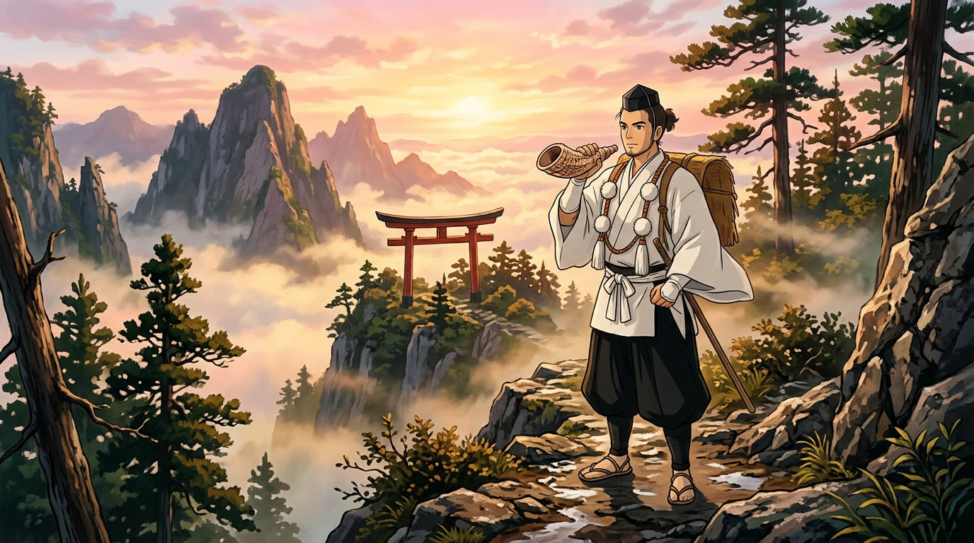 Junger Yamabushi-Bergasket mit Muschelhorn auf Bergrücken bei Sonnenaufgang