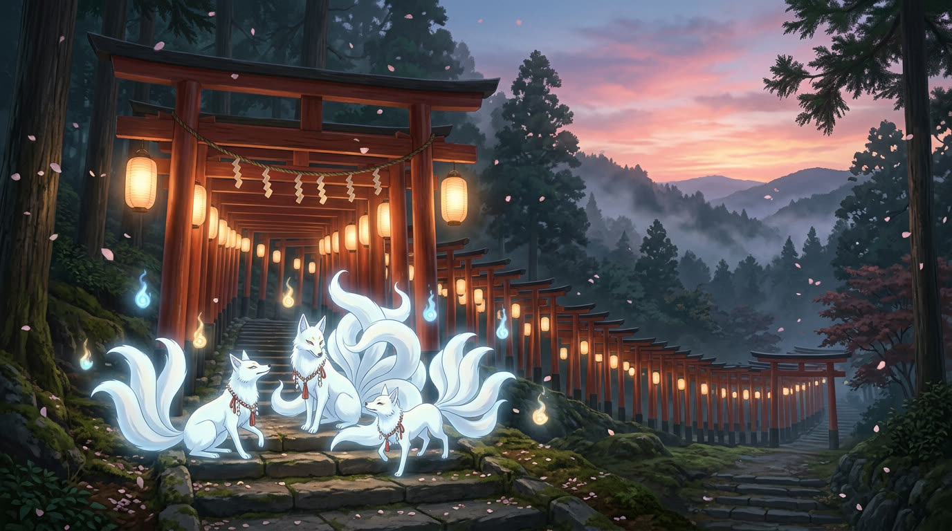 Drei weiße Kitsune-Fuchsgeister am vermillion Torii-Tor im Kyoto-Stil