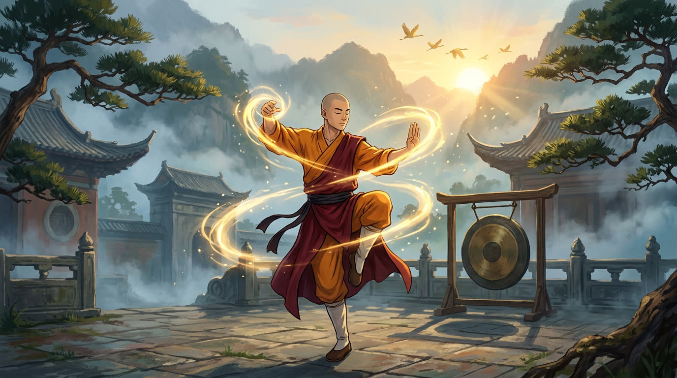 Shaolin-Mönch im Bagua-Spiral-Schritt am Wudang-Tempelhof, goldenes Qi um die Hände, Kraniche im Sonnenaufgang
