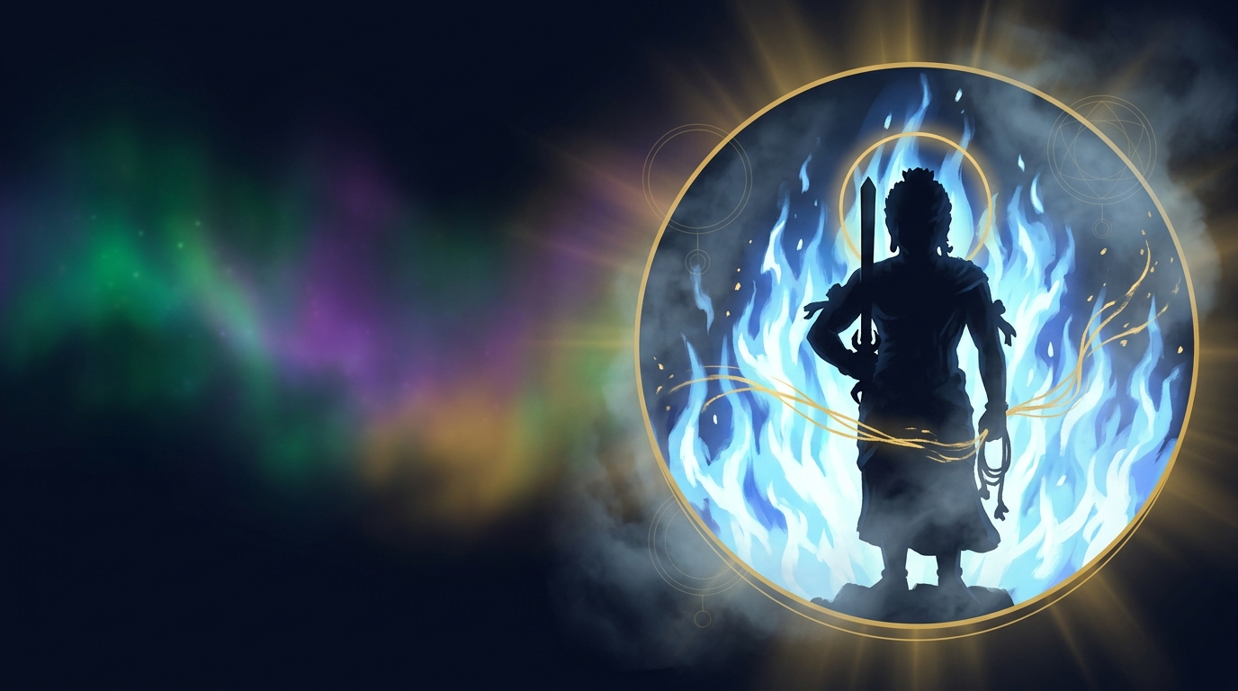 Karma · Fudo Myoo mit erhobenem Schwert vor reinigenden Flammen