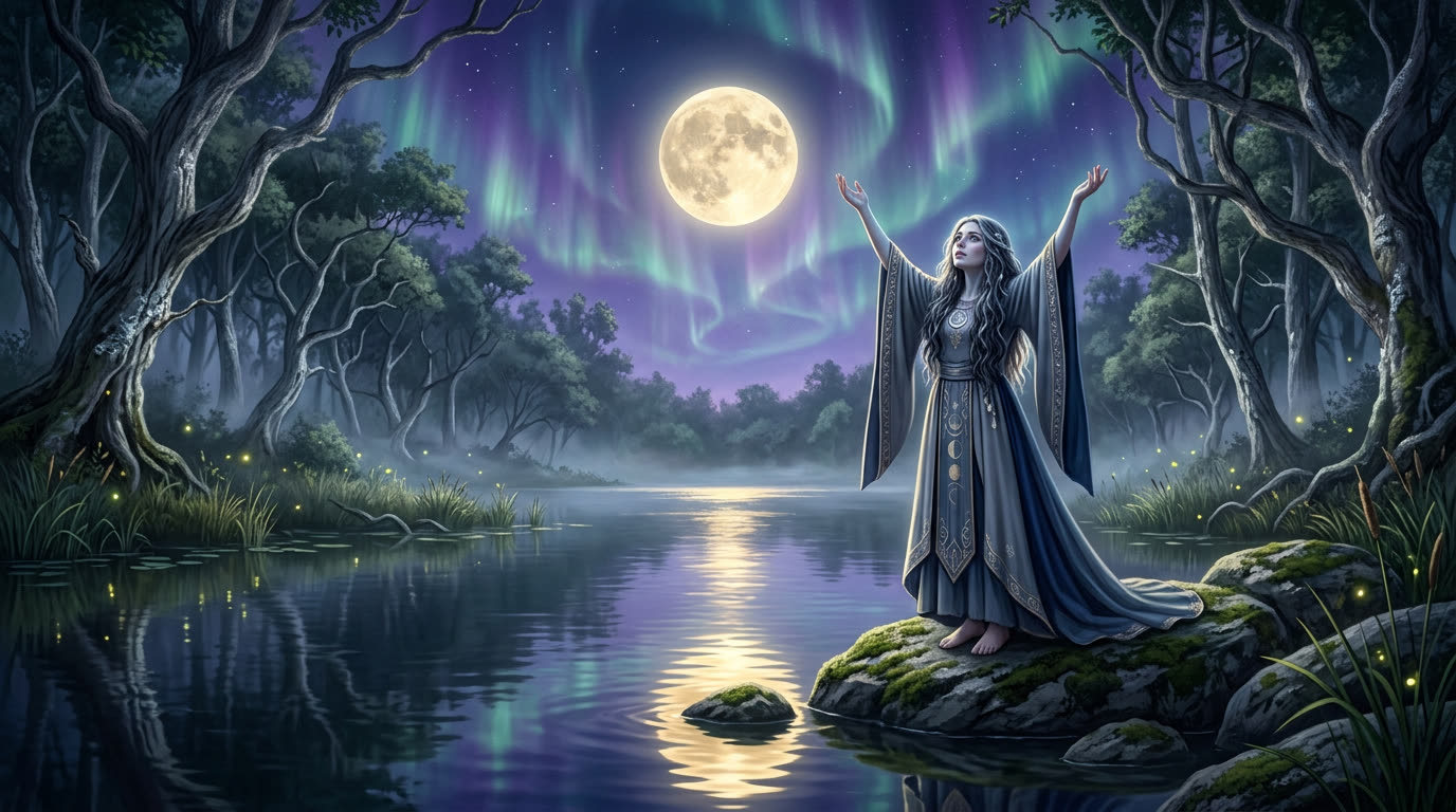 Schamanin am Vollmond-See in Empfangs-Geste · monatlicher Mondzyklus