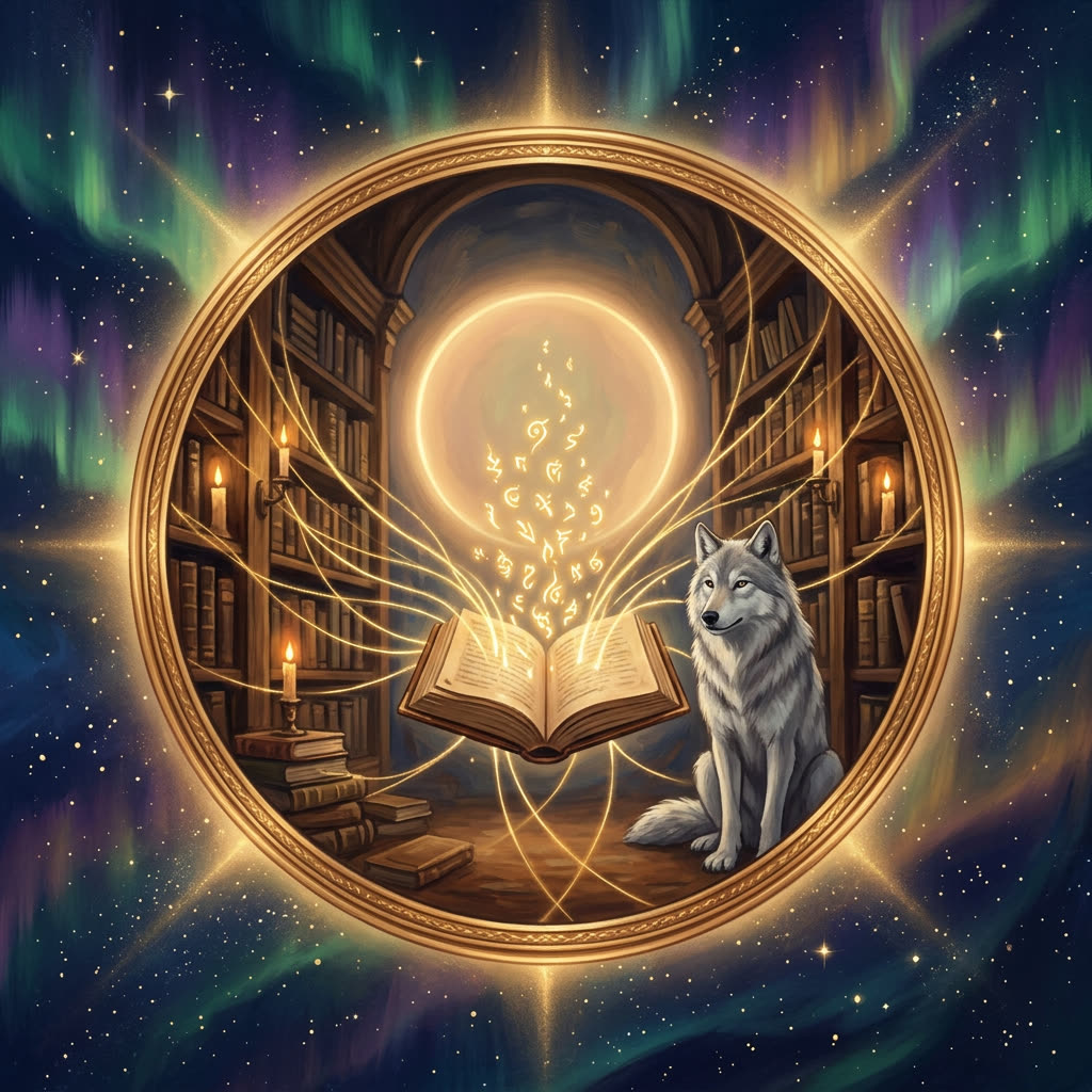 Online-Praxis · Goldenes Licht aus einem aufgeschlagenen Buch, schamanische Sigille auf Bibliotheks-Pult