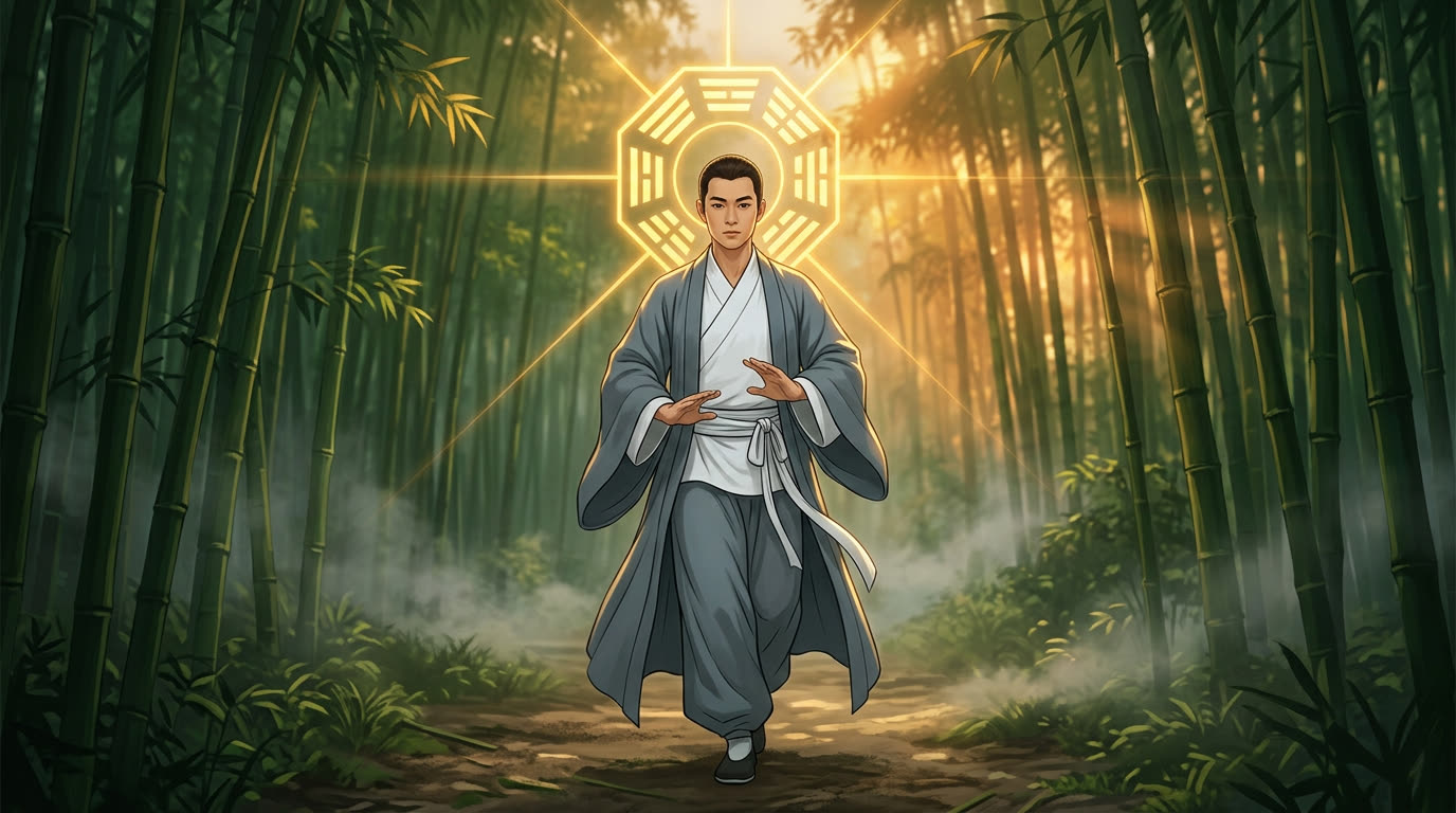 Bagua-Zhang-Praktizierender im Bambushain bei Sonnenaufgang mit goldenem Bagua-Symbol