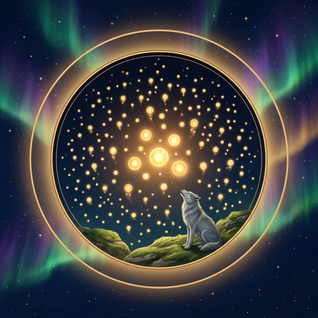 Stimmen aus der Praxis · Aufsteigende goldene Spirit-Orbs unter Wolfsbegleitung im Aurora-Himmel