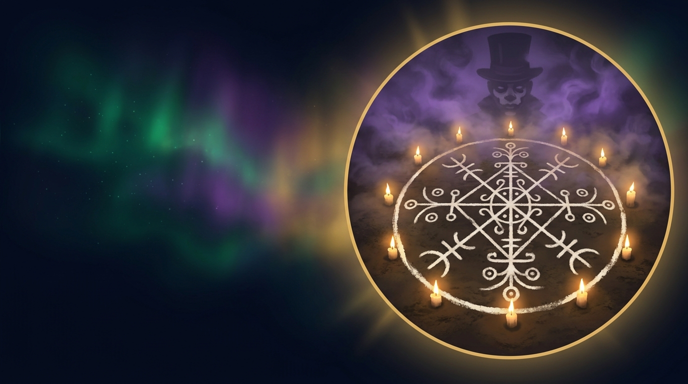 Voodoo · authentic Vodou Veve aus weißem Mehl mit Kerzenkreis und Baron-Samedi-Schatten
