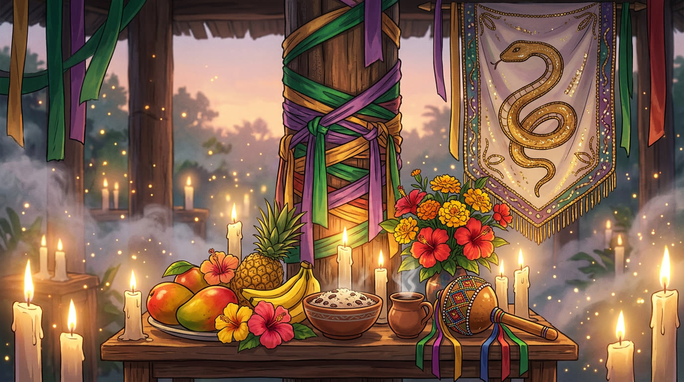 Vibrant Vodou peristyle altar · poteau-mitan mit bunten Bändern, Obst, Damballa-Drapo, Kerzen