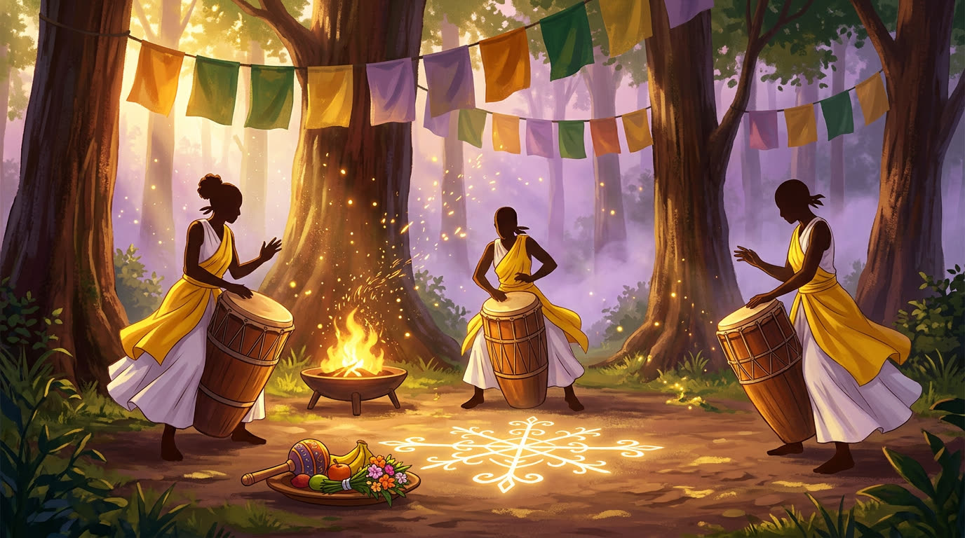 Joyful Vodou-Zeremonie · Trommler im sonnendurchfluteten Wald, bunte Gebetsfahnen, Veve am Boden