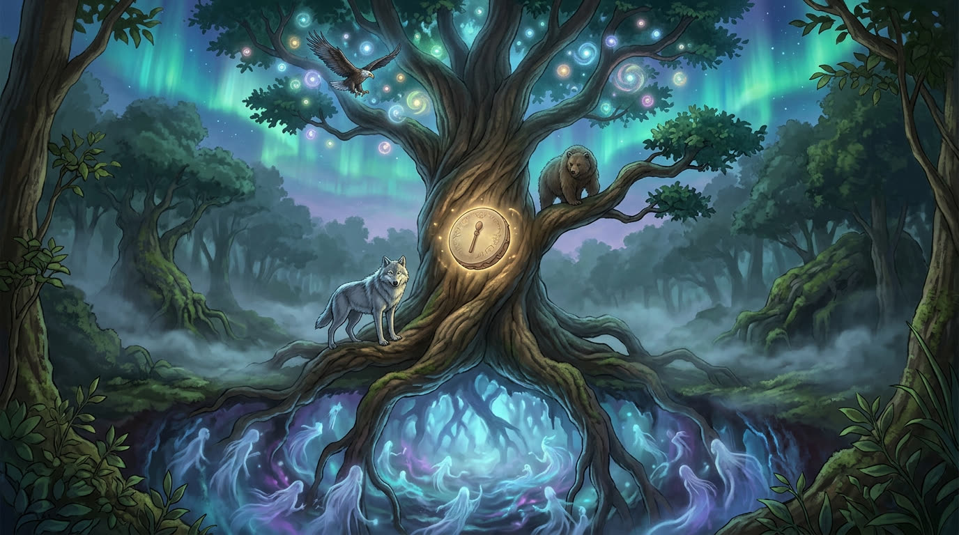 Großer schamanischer Weltenbaum · drei Welten · Wolf, Bär, Adler, Geister, Trommel