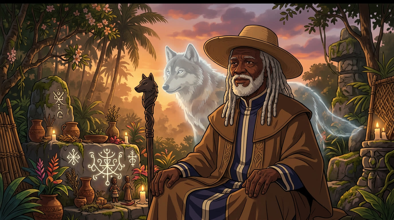 Weiser Vodou-Ältester aus Elfenbeinküste mit Wolfsstab · Ursprung der Wolfsschamanen-Linie